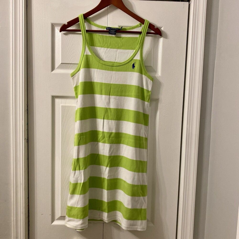 Ralph Lauren Sport Dress XL Green White Stripe Knee Length Y2K Preppy Cotton